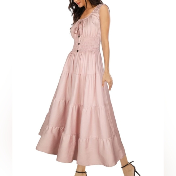 Coral Orange Retro Sun Dress Off Shoulder Tiered Maxi Long Prairie Sundress 50s - Picture 10 of 12